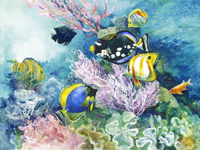 coral reef fishes watercolor painting Margy Gates