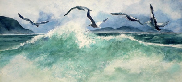 Sea wave pelican birds watercolor painting Margy Gates